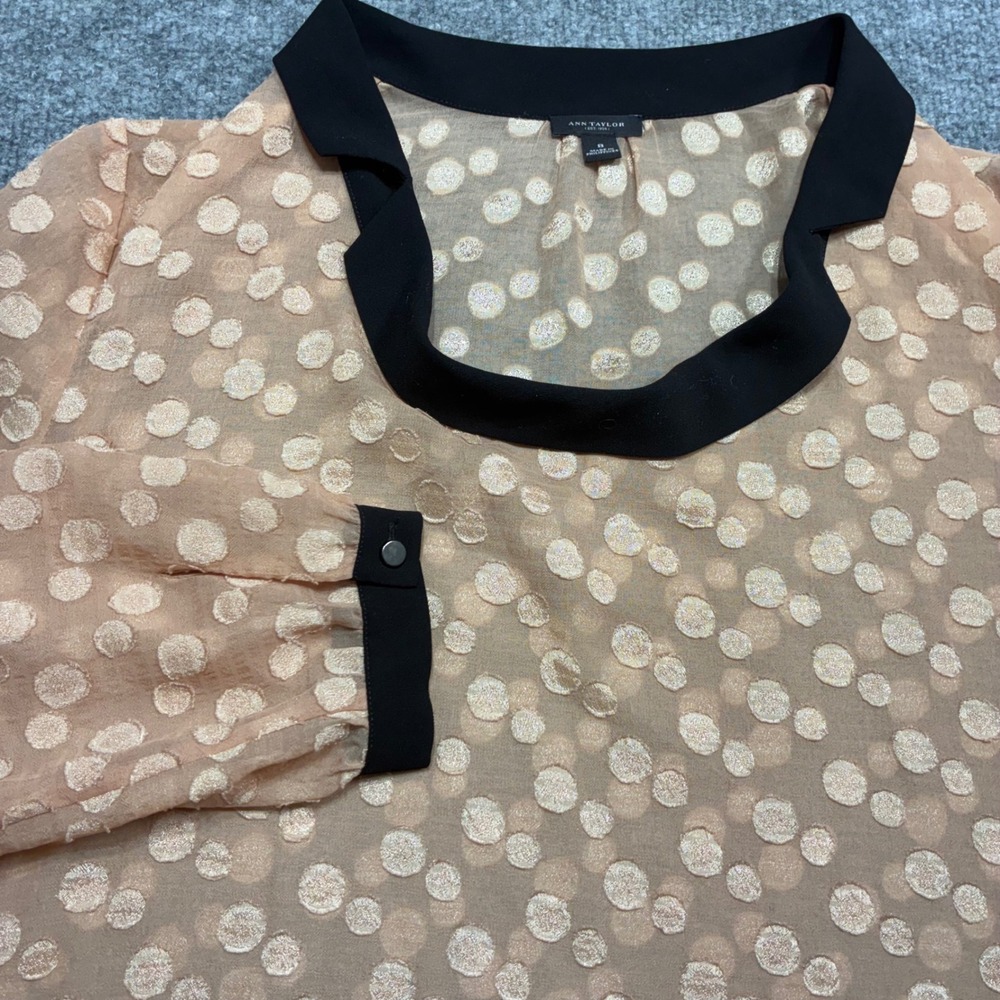 Ann Taylor Sheer Blouse Polka Dot Beige Black Collar Cuffs Womens Sz.8 Top
